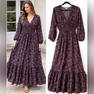 Boemo Anthropologie Long Sleeve FLORAL tiered RUFFLE Maxi BOHO Dress Womens Sz L